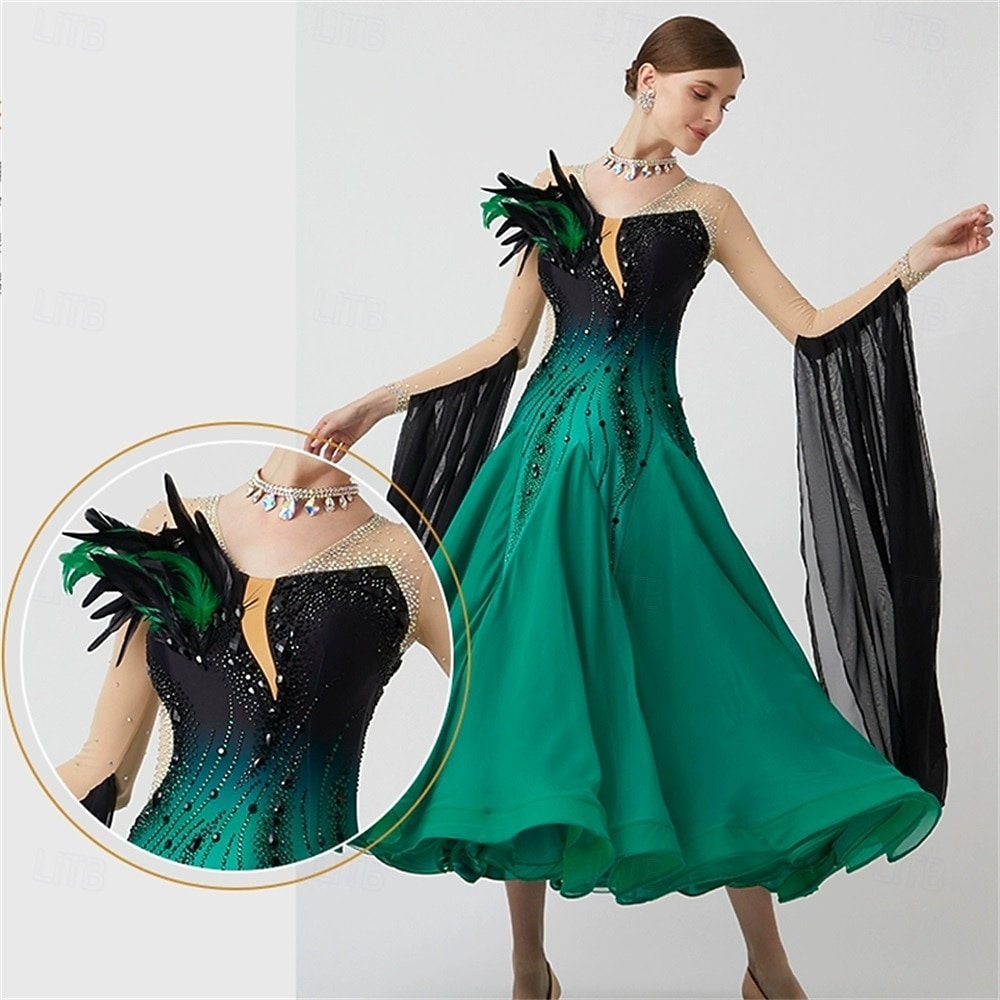 Damen-Ballsaal-Tanzkleid mit Federschultern, Strass-Farbverlauf, Walzer-Tango-Wettbewerbskleid mit fließenden Chiffonärmeln – Grün-Schwarz 2026 - $553.49 –P4