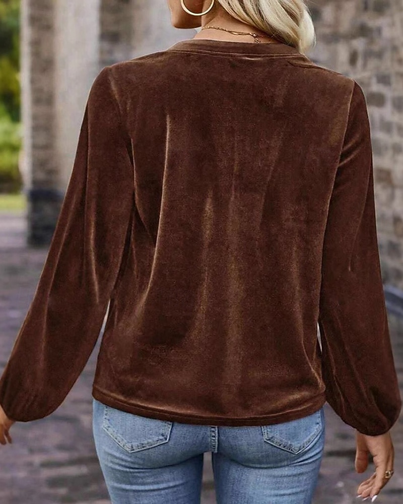 Dam Sammet Elegant Blus Knappar Ensfärgat Slät Elegant Stylish Ledigt Långärmad V-hals Vanliga toppar Dagligen Helgdag Utekväll Blå Brun Vår Höst 2026 - $32.99 –P5