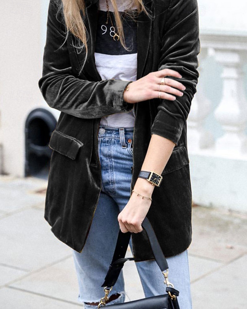 Damen Blazer Samtblazer Bequem Tasche Mode Einfach Party Party / Abend Regulär Umlegekragen Normale Passform Langarm Oberbekleidung Blau Schwarz Wein Herbst Winter 2026 - $33.99 –P2