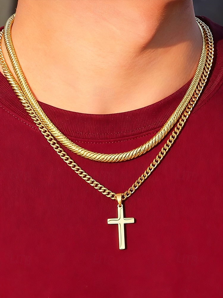 Męski naszyjnik z krzyżem ze stali nierdzewnej, trwała biżuteria łańcuszkowa, stylowy prezent chrześcijański na Boże Narodzenie, imprezę i do noszenia na co dzień 2026 - $11.99 –P2