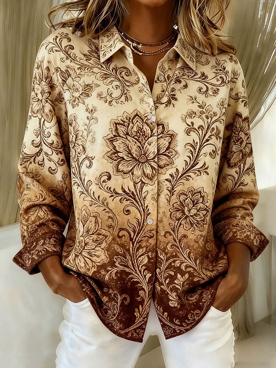 Damenhemd Leinenähnlich Atmungsaktiv Leicht Florales Grafik Paisley Elegant Stilvoll Modern Lange Ärmeln Hemd Kragen Reguläre Tops Arbeit Druck Gelb Khaki Beige Frühling Herbst Winter 2026 - $37.99 –P3