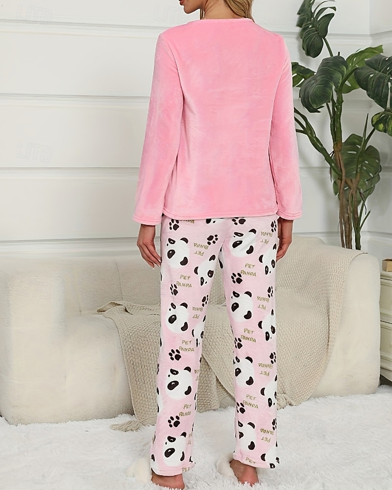 Women's Pajamas Loungewear Pajama Set Flannel Warm Fashion Panda Elastic Waist Pant Home Daily Long Sleeve Crew Neck White Pink Light Blue Fall Winter Loose Fit 2025 - $14.99 –P10