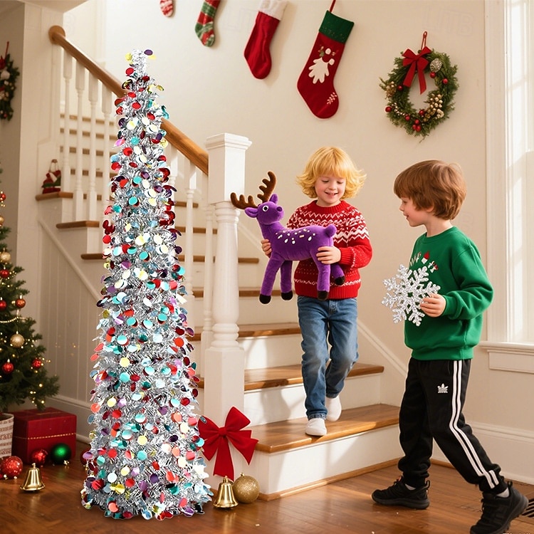 Christmas colored small circular silver folding Christmas tree 5M 50Leds warm light string indoor living room study stairwell party holiday decoration props 1.5M/5FT AAA battery box 2025 - CAD $34.99 –P3