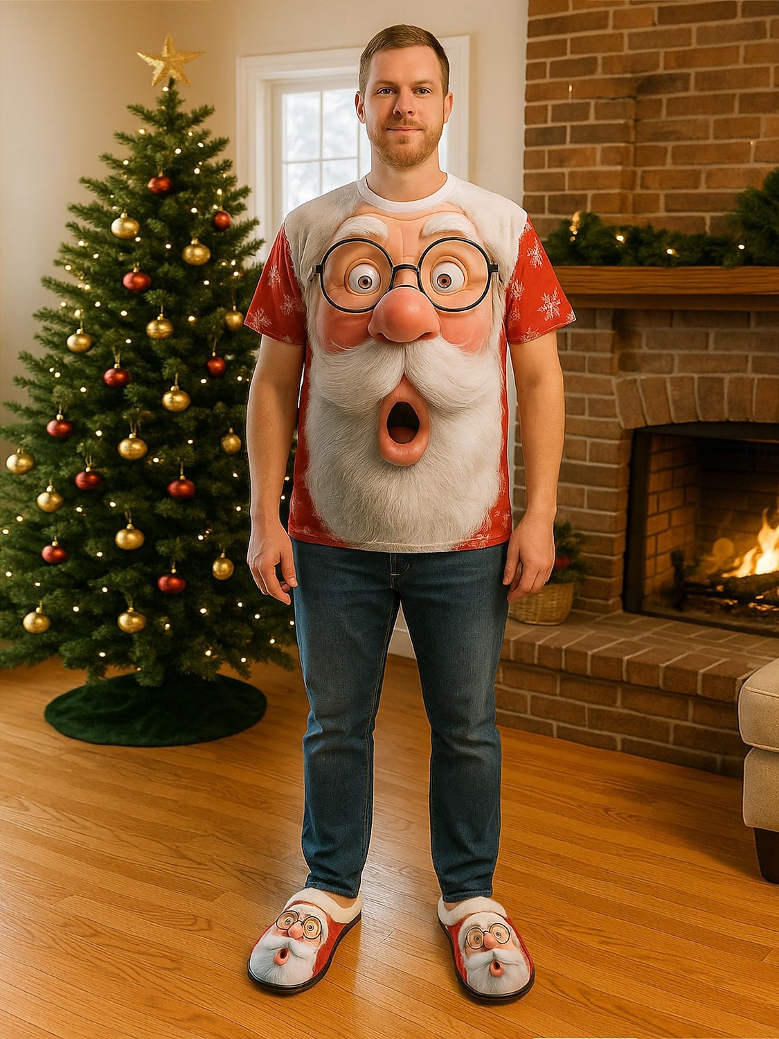 Herren-Fleece-Hausschuhe mit Weihnachtsmann-Aufdruck, lustige Hausschuhe mit Weihnachts-Cartoon, warme Plüsch-Hausschuhe, perfekt für den Winterurlaub und zum Verschenken 2026 - $26.99 –P2