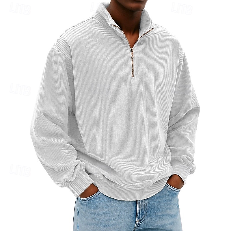 Voor heren Sweatshirt Corduroy Trui met capuchon Stoppen Sweatshirt met kwartrits Wit Opstaande boord Effen Vetoketju Met Textuur Casual Dagelijks Sport & Outdoor Streetwear Stoer Sportkleding Lente 2026 - $28.99 –P4