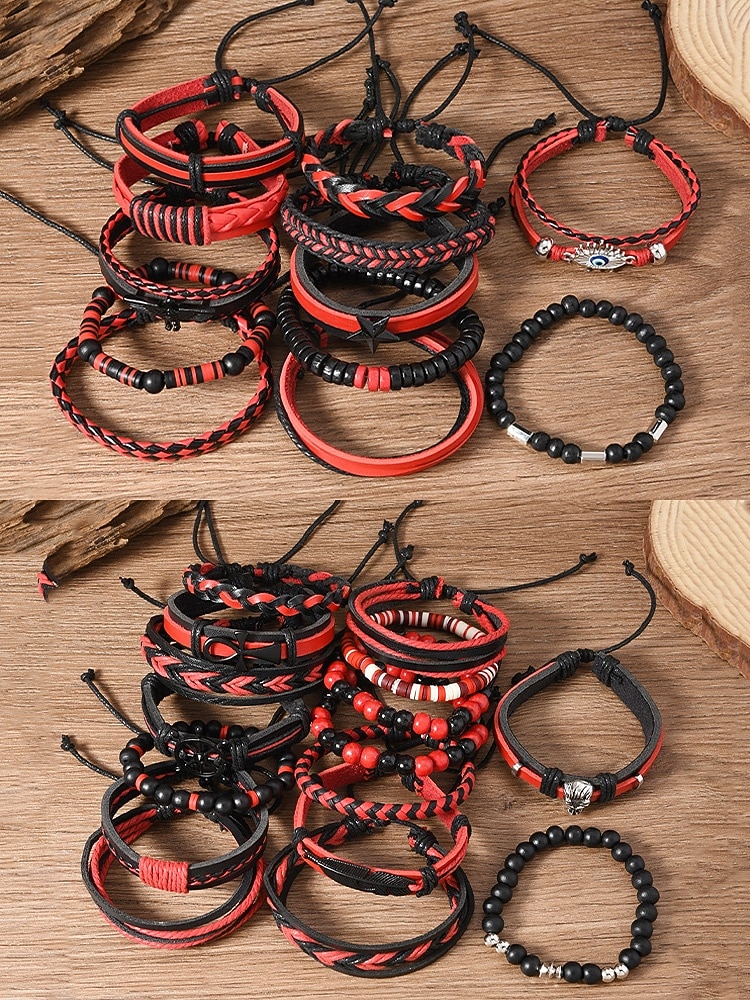 Pánská sada náramků z umělé kůže, červeno-černé tkané náramky s detaily zlého oka a korálků, stylové na Vánoce, různé vzory 2026 - $7.99 –P5