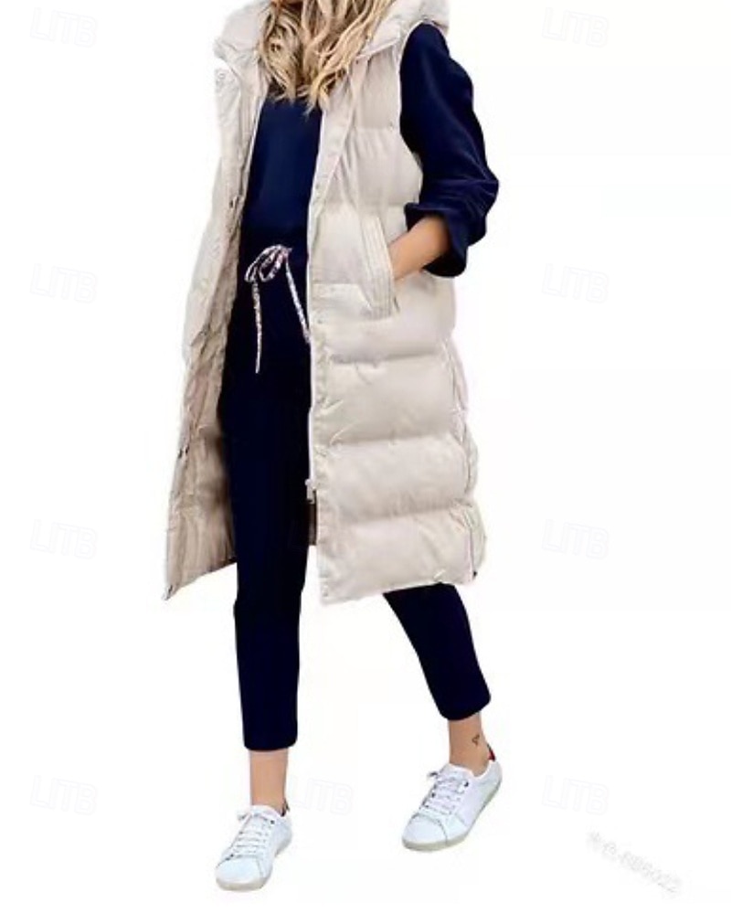 Women's Winter Coat Down Jacket Vest Warm Comfortable Pocket Buttons Casual Plain Vacation Daily Wear Going out Weekend Long Hooded Regular Fit Sleeveless Outerwear Black Wine Khaki Fall Winter 2025 - $54.99 –P10