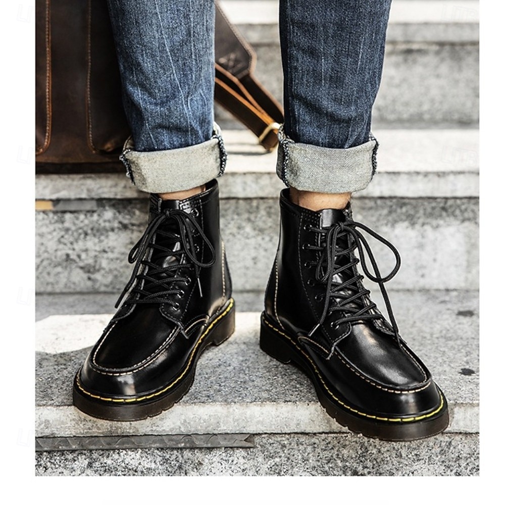 Botas de trabalho masculinas de couro bordô com cadarço, botas de combate vintage casuais de cano curto, duráveis para atividades ao ar livre &sapatos de uso diário de 2026 por $59.99 –P8