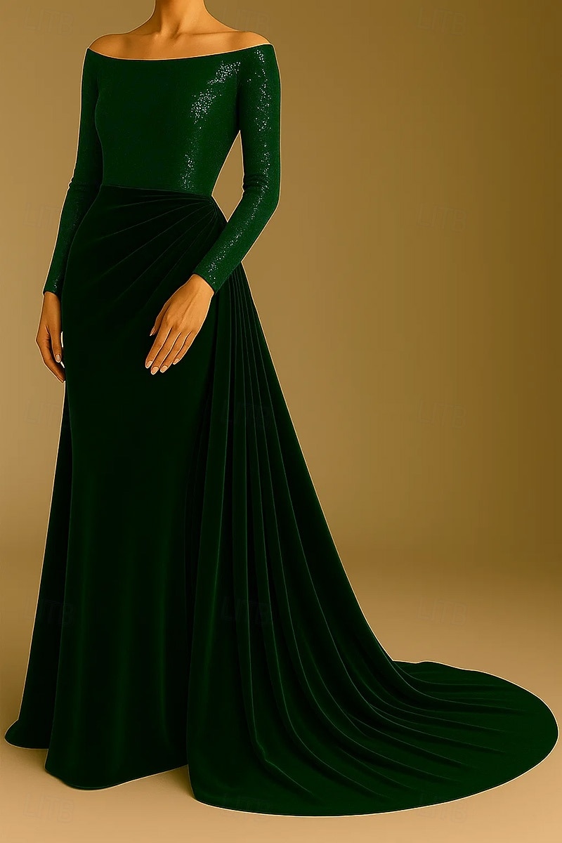 A-Line Sweep / Brush Train Evening Gown Ball Gown with Overskirt Formal Dress Elegant Glittering Celebrity Style Long Sleeve Off Shoulder Formal Wedding Sequined Velvet with Pleats Ruched 2025 - $154.99 –P4
