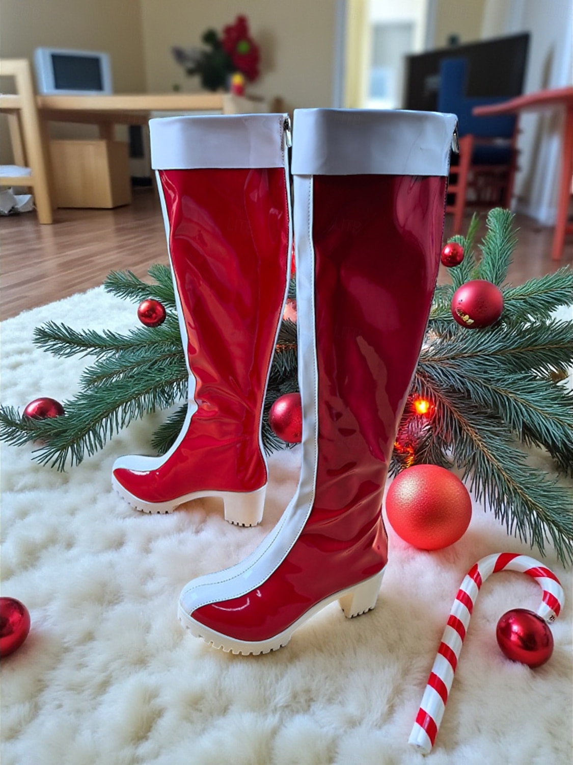 stivali natalizi rossi da donna con rifiniture bianche - stile festivo, perfetti per le feste di Natale e le celebrazioni invernali del 2026 a $84.99 –P1