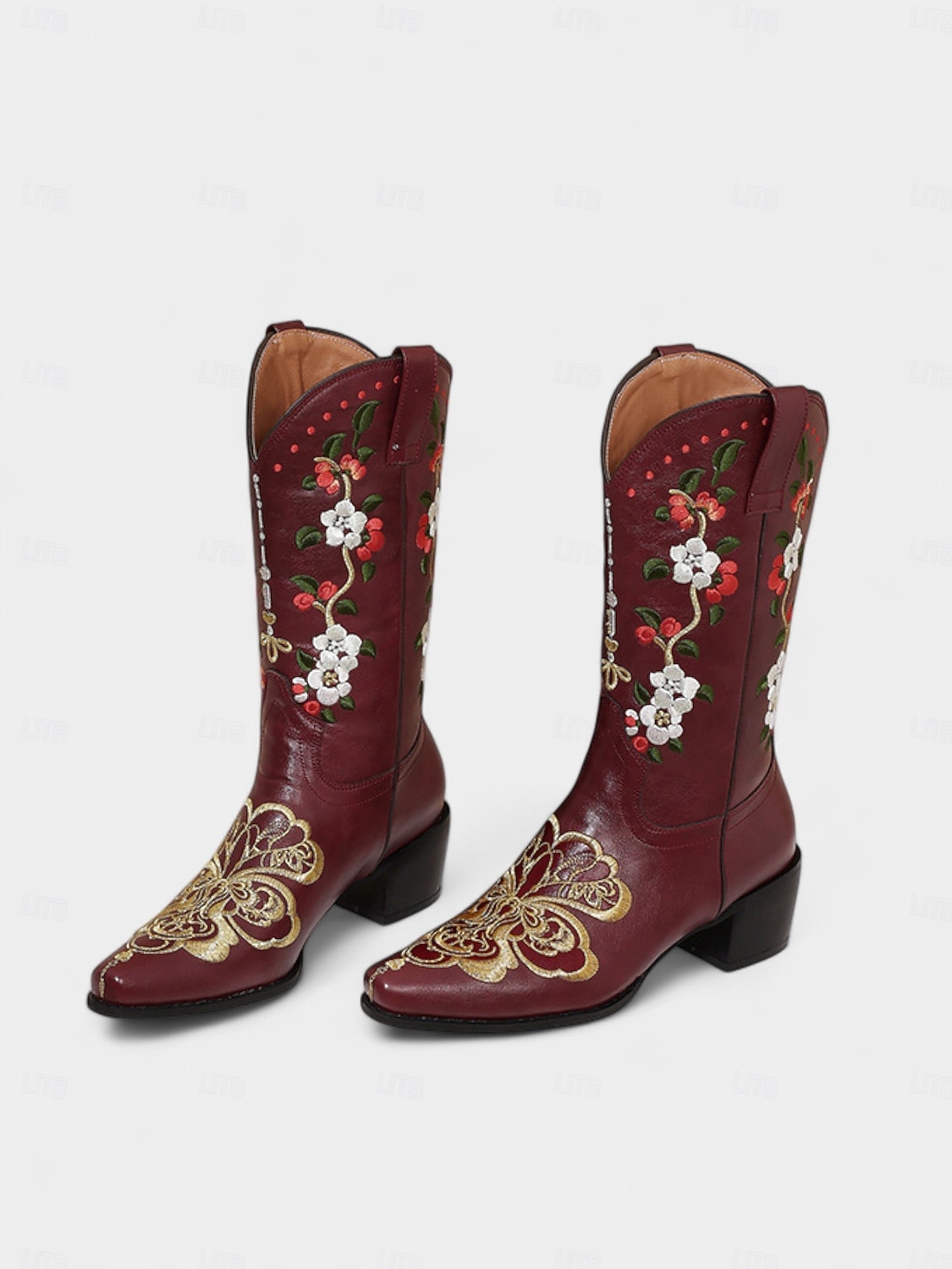 Botas vaqueras bordadas de piel sintética roja para mujer con diseño floral, tacón de bloque, estilo retro western, perfectas para festivales, salidas informales y Navidad. 2026 - $84.99 –P4