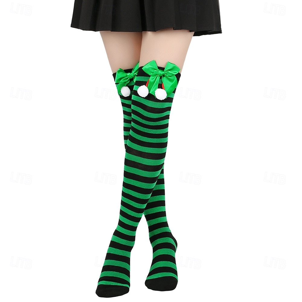 Dámské vánoční ponožky do stehen, sada 4 párů, pruhované &Jednobarevné červené sváteční punčochy s mašlemi a bambulkami, slavnostní ponožky nad kolena na zimní večírky &dárky 2026 - $18.99 –P3