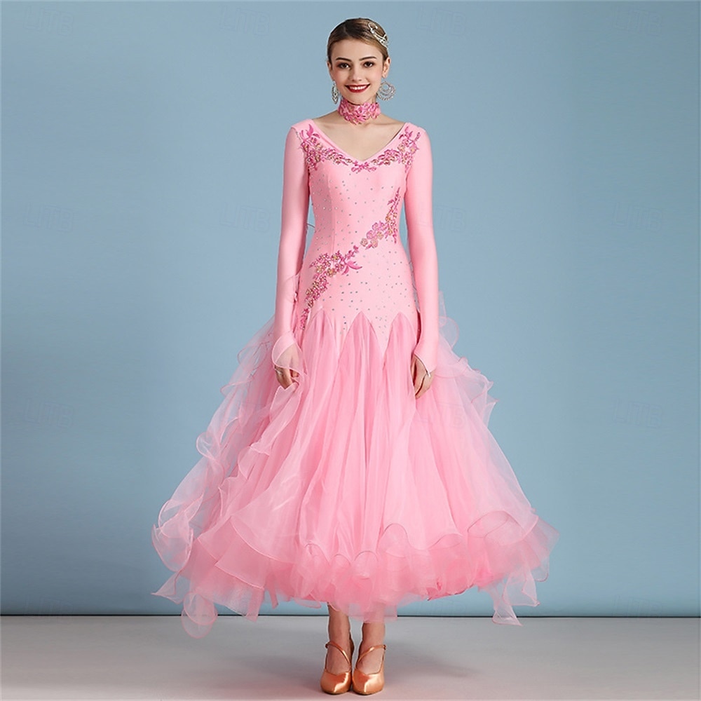 женское платье для бальных танцев, розовое, с цветочным принтом и стразами, многослойное, элегантное, для выступлений в стиле вальс-фокстрот 2026 - $155.99 –P12