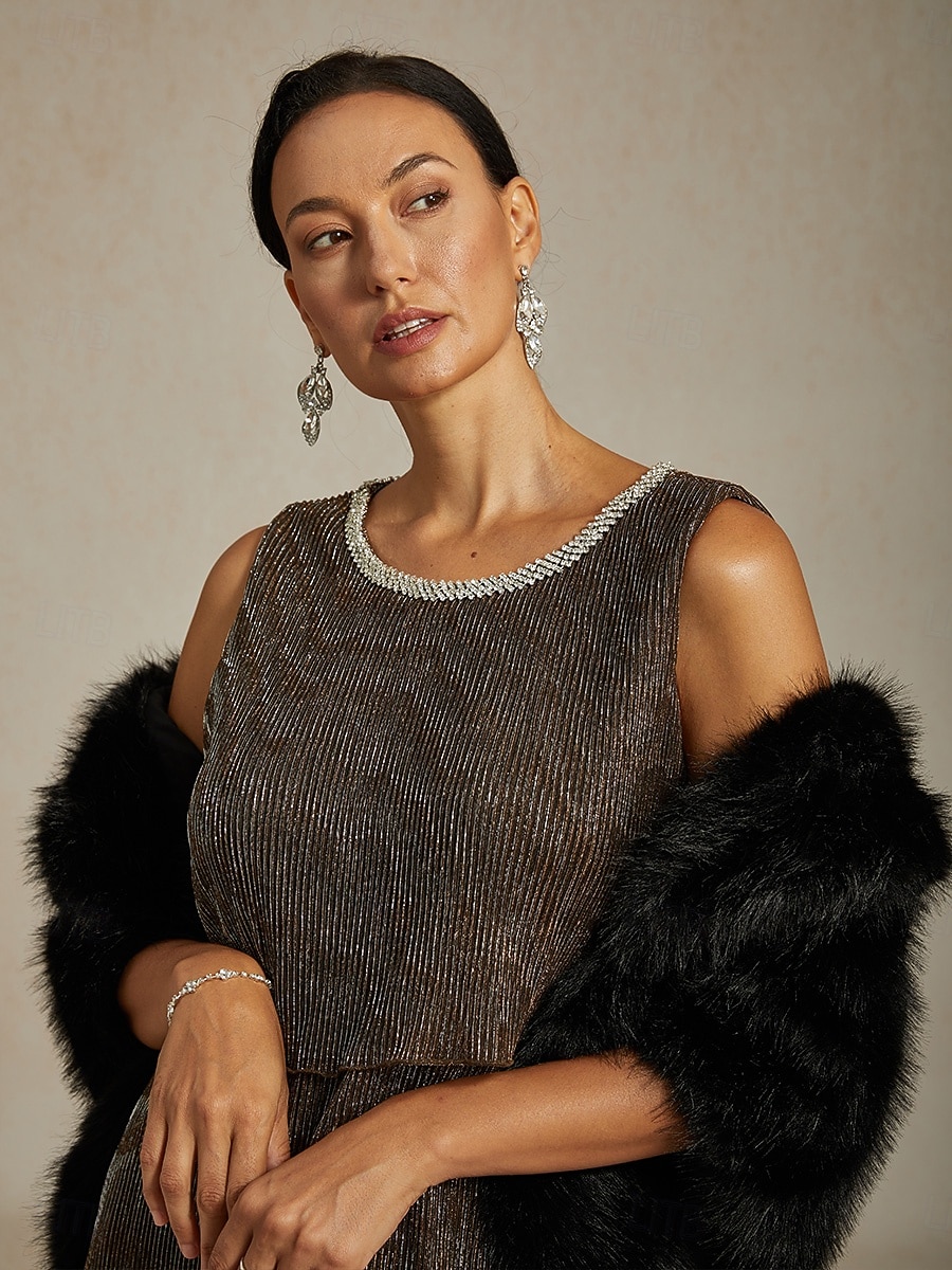 Dame Midikjole Skiftkjole Plissert kjole Grime kjole Elegant Fest Formelt Fest Bryllupsgjest Cocktailfest Normal Helfarge Ermeløs Crew-hals Brun Sommer Vår Høst Vinter 2025 - $141.99 –P3