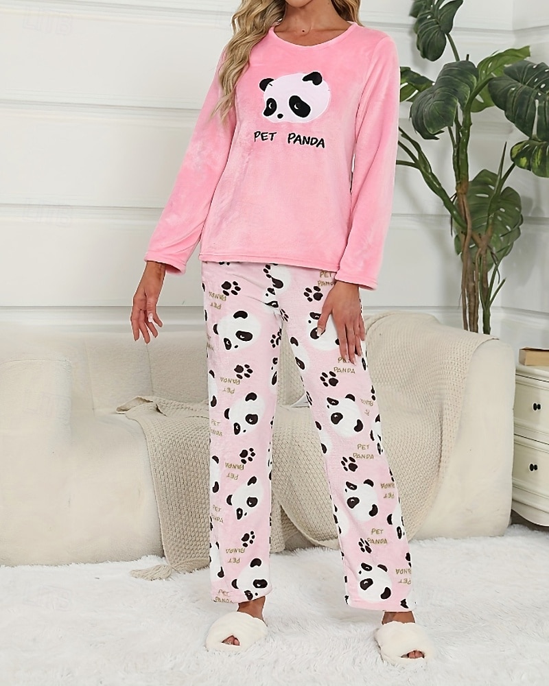 Women's Pajamas Loungewear Pajama Set Flannel Warm Fashion Panda Elastic Waist Pant Home Daily Long Sleeve Crew Neck White Pink Light Blue Fall Winter Loose Fit 2025 - $14.99 –P6