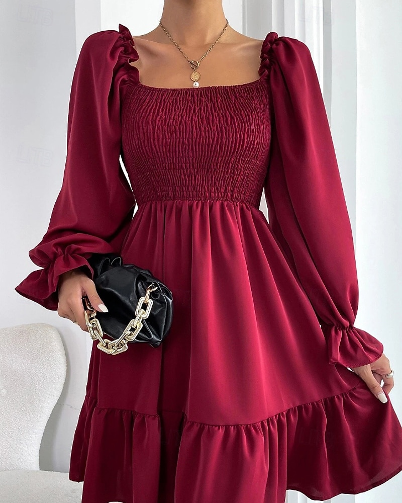 Damen Minikleid Schößchen Kleider Gerafftes Kleid Modern Outdoor Ferien Ausgehen Normale Passform Einfach Langarm Quadrathals Schwarz Wein Armeegrün Leicht Braun Frühling Herbst 2025 - $24.99 –P3