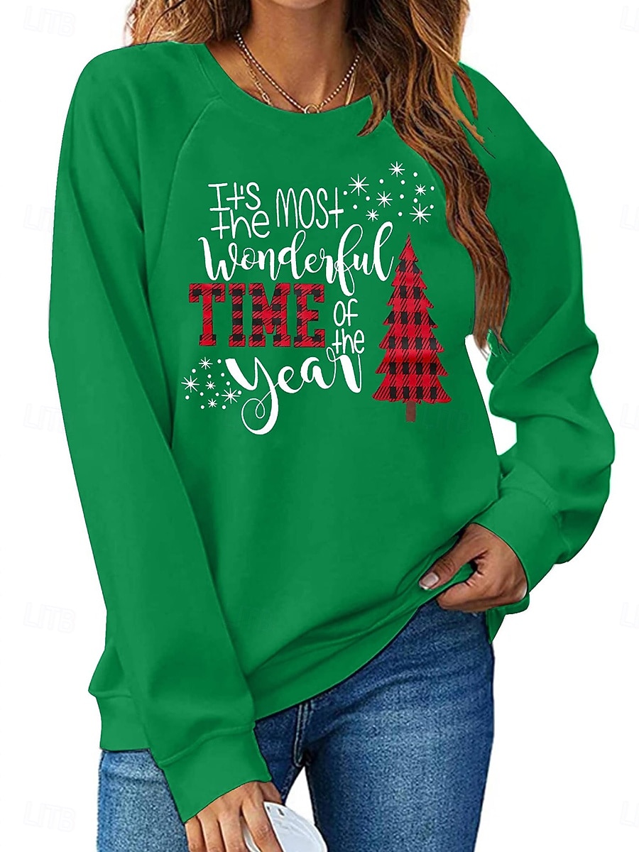 Felpa da donna di Natale Albero di Natale Fiocco di neve Stampa grafica Lettera Casual Maniche lunghe Collo rotondo Top regolari Casual Stampa delle festività Nero Rosa Rosso Verde Grigio Autunno del 2025 a $31.99 –P3
