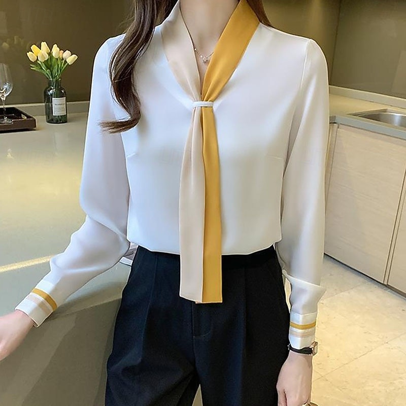 Női Ing Sifon felsők Színes Elegáns Stílusos Előírásos Hosszú ujj Nyakkendő nyak Normál felsők Munka Napi Szabadság nyakkendő elöl Fehér Sárga Medence Tavasz Ősz 2025 - $23.99 –P2