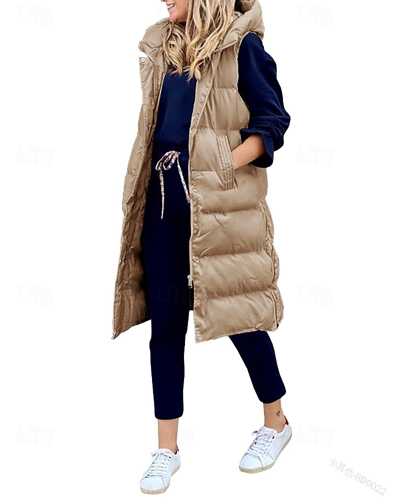 Women's Winter Coat Down Jacket Vest Warm Comfortable Pocket Buttons Casual Plain Vacation Daily Wear Going out Weekend Long Hooded Regular Fit Sleeveless Outerwear Black Wine Khaki Fall Winter 2025 - $54.99 –P4