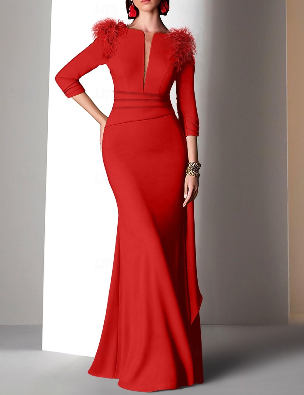 Sirena Tromba Lunghezza al pavimento Abiti da Ballo Abito da Sera Da principessa Abito formale Elegante Manica 3/4 Scollo a V Formale Autunno Raso con Piuma Arricciato Volant del 2026 a $206.99 –P11