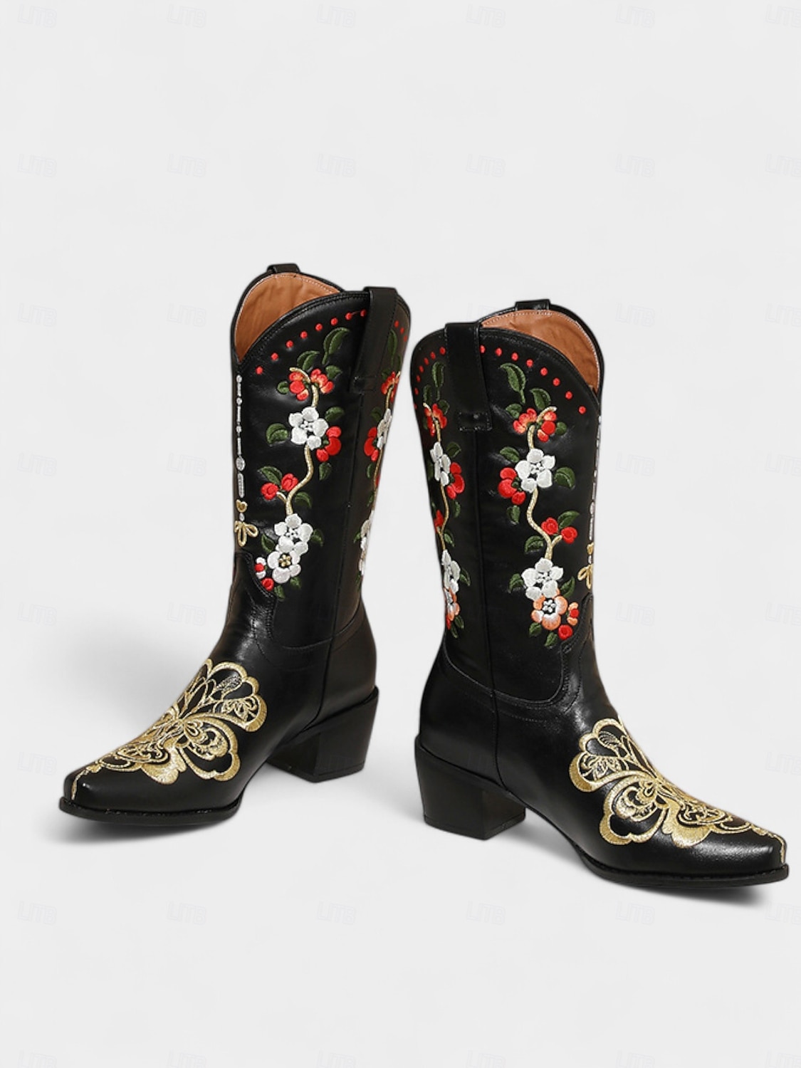 Botas vaqueras bordadas de piel sintética roja para mujer con diseño floral, tacón de bloque, estilo retro western, perfectas para festivales, salidas informales y Navidad. 2026 - $84.99 –P5