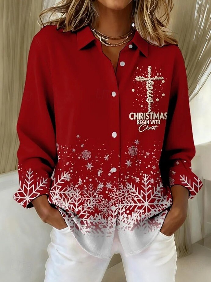 white christmas dresses Ladies Button Down Shirt Wide Gingham Red with Christmas Tree M / Red main image 0
