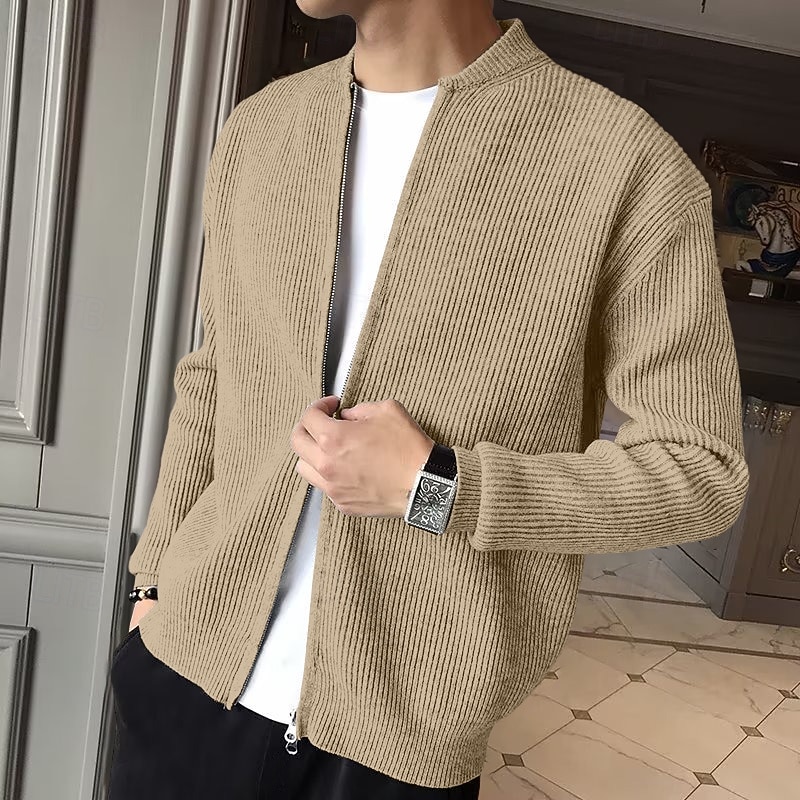 Hombre Pulóveres Chaqueta de Punto Jersey con cremallera Estriado Tejer Tops regulares De Punto Color sólido Cuello Mao Vacaciones Moda Casual Ropa Cotidiana Ropa Primavera & Otoño Negro Color Caquí 2026 - $26.99 –P3