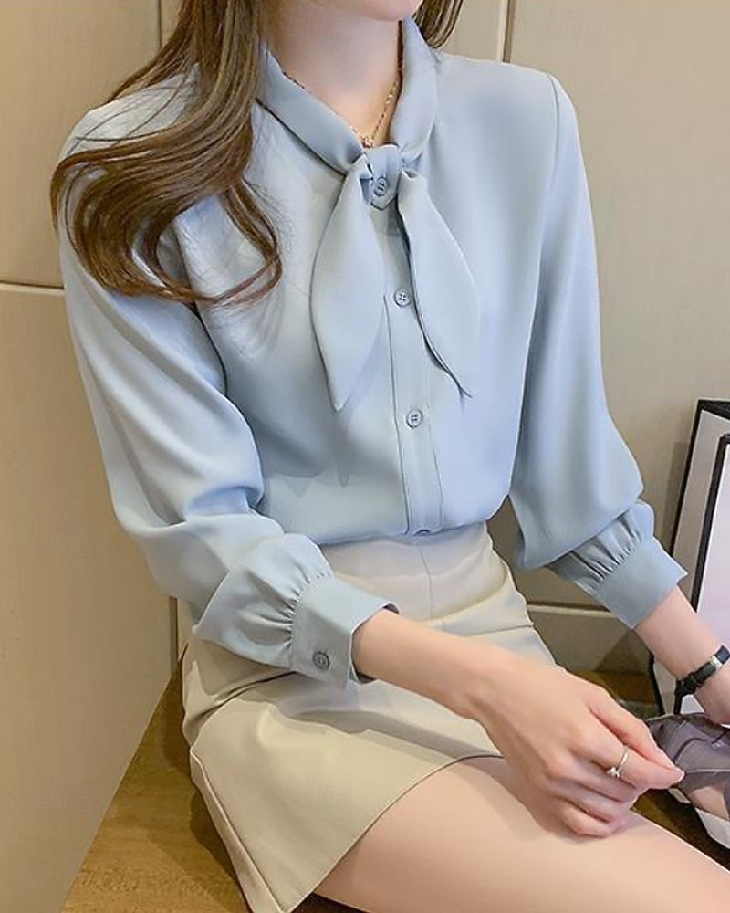 Damen Hemd Elegant Satin-Top Bluse Schleife Einfach Stilvoll Langarm Rundhalsausschnitt Normale Oberteile Ferien Ausgehen Blau Weiß Frühling Herbst 2026 - AU $50.19 –P10