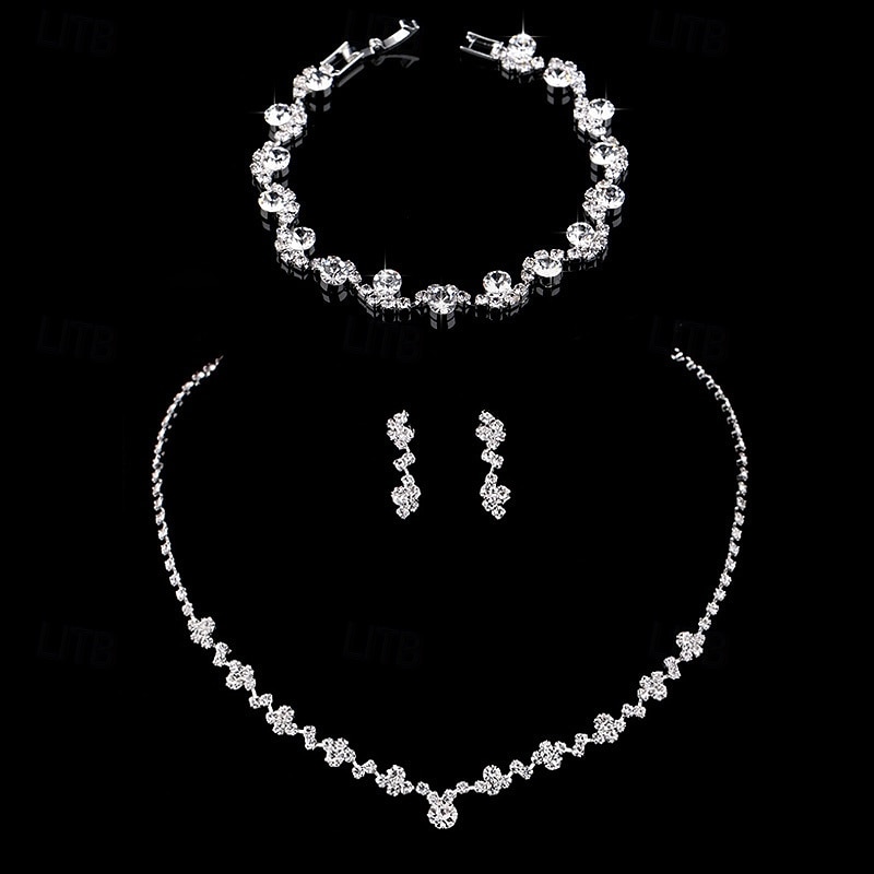 elegante set di gioielli in argento con strass: collana, bracciale e orecchini pendenti in cristallo scintillante per donna del 2026 a $11.99 –P1