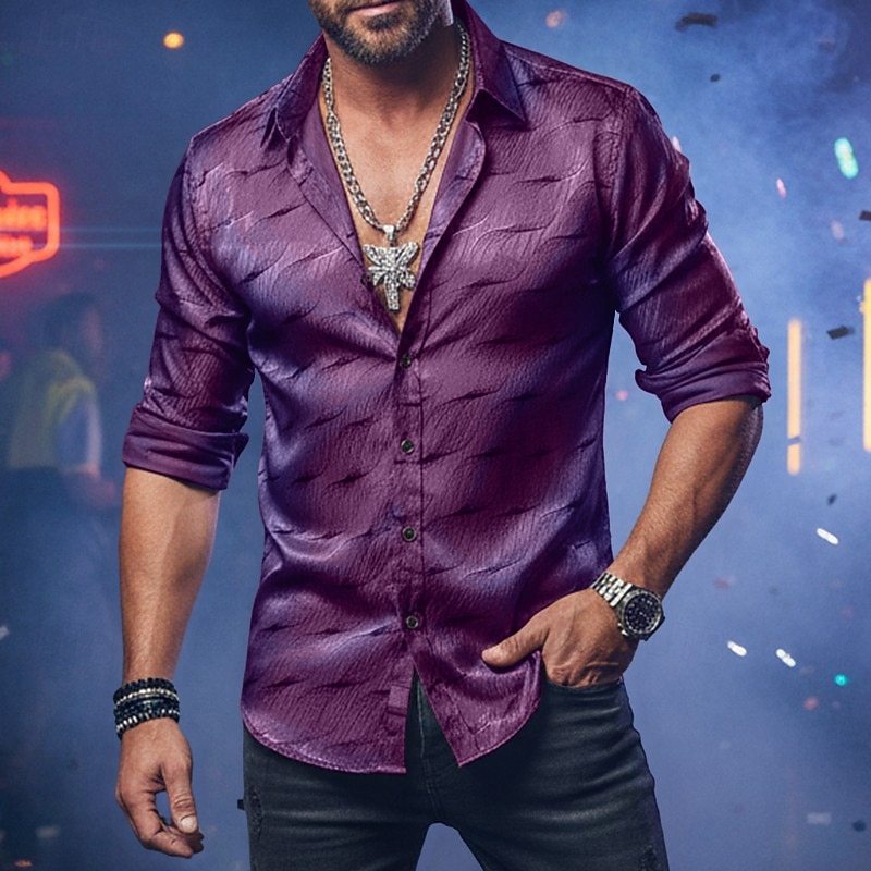 Men's Shirt Casual Shirt Button Up Shirt Prom Shirt Black Wine Purple Gold Long Sleeve Plain Textured Lapel Party Daily Jacquard Clothing Apparel Fashion Smart Casual 2026 - $26.99 –P11