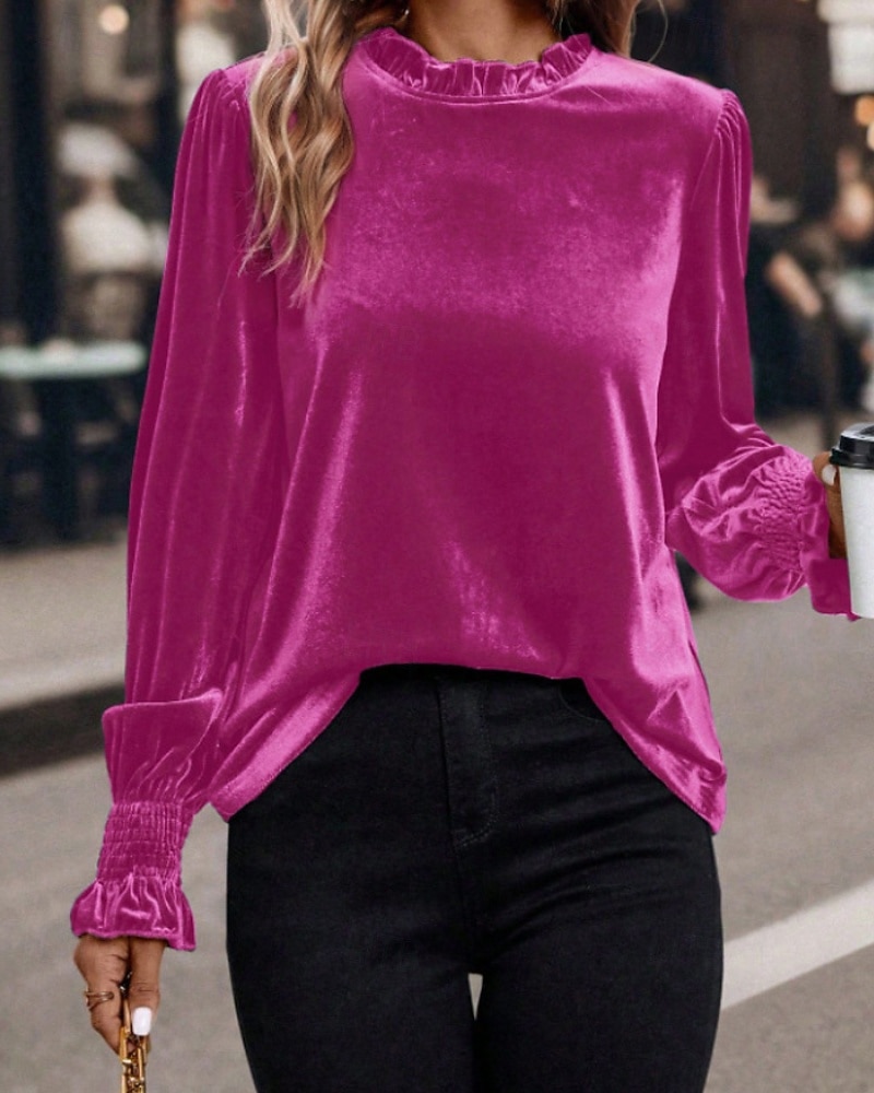 Per donna Velluto Elegant Elegante Blusa Arricciato Semplice Vintage Elegante Manica Lunga Girocollo Top Regolari Quotidiano Ferie Uscire Blu Verde militare Verde Rosa Autunno Inverno del 2026 a $12.99 –P6