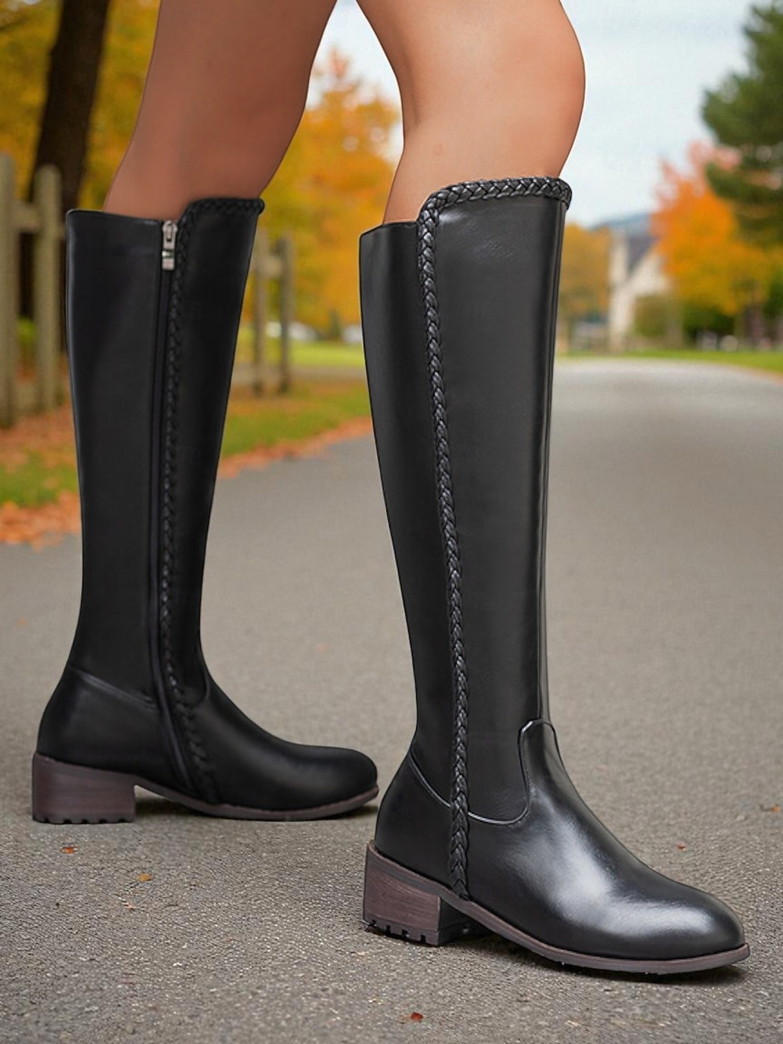 Classic Black Leather Equestrian  Boots with Side Zip Women main image 4
