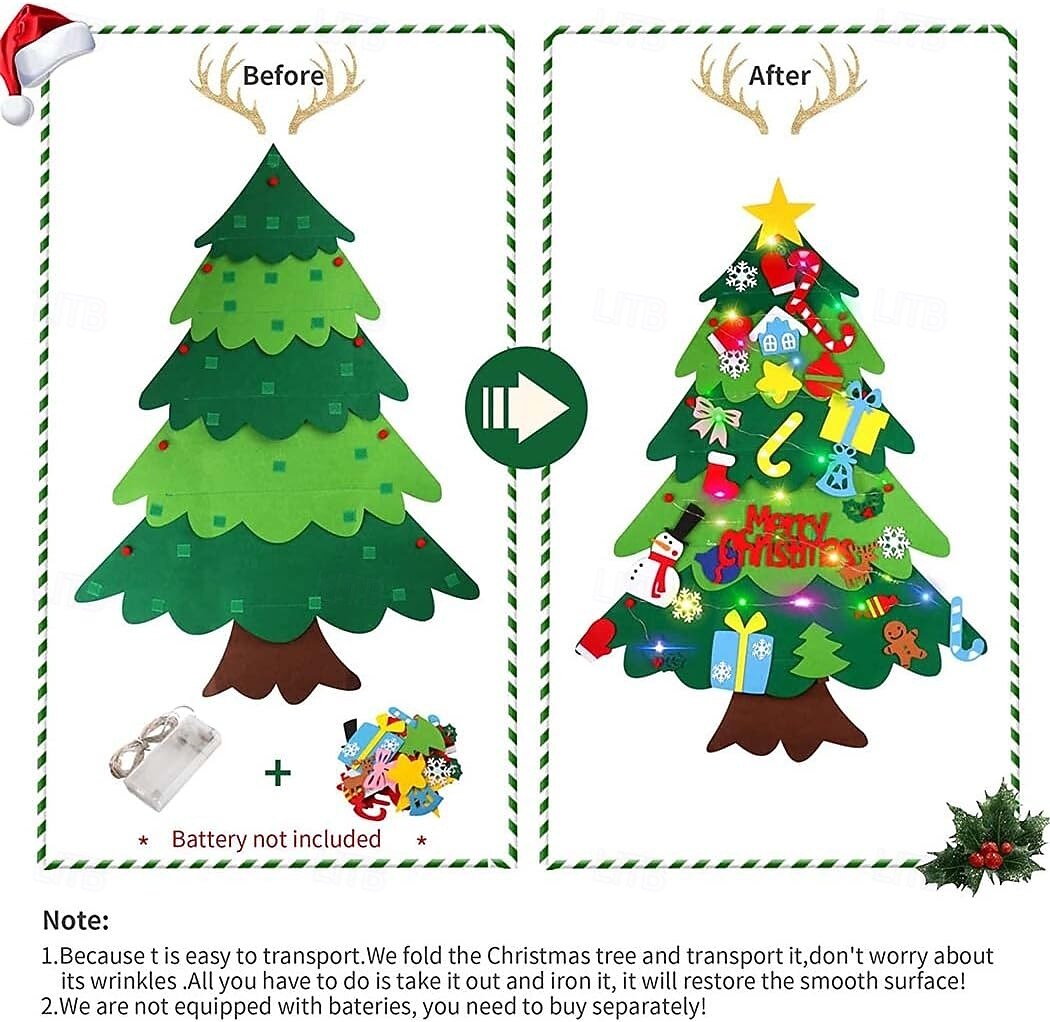 Felt Christmas Tree Set with Led String Light, 3.2ft Wall Hanging DIY Xmas Decorations Tree with Detachable Ornaments Snowman Christmas Decorations New Year Gift for Kids Boys and Girls Home 2025 - $17.99 –P2