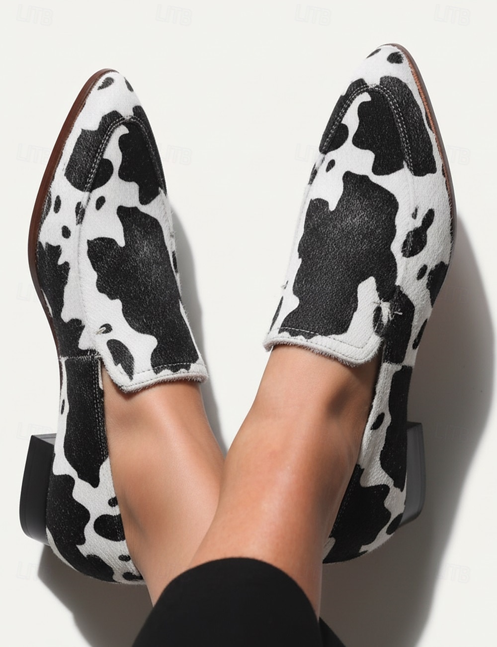 Mocassini in pelle sintetica a motivo di pelle di mucca da donna – Eleganti slip-on neri e bianchi per uscite casual e lavoro d'ufficio del 2026 a $46.99 –P3