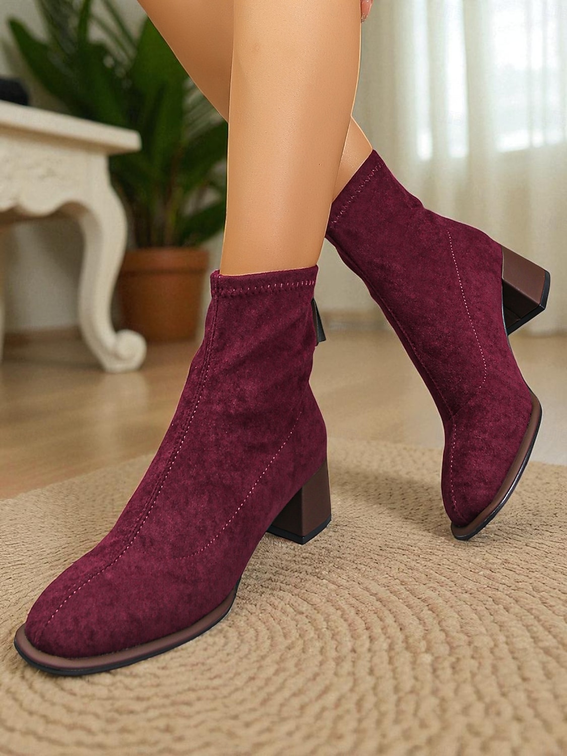 Женские замшевые ботильоны бордового цвета с блочным каблуком — зимняя обувь в стиле ретро для женщин, повседневных и полуофициальных образов. 2025 - $34.99 –P3