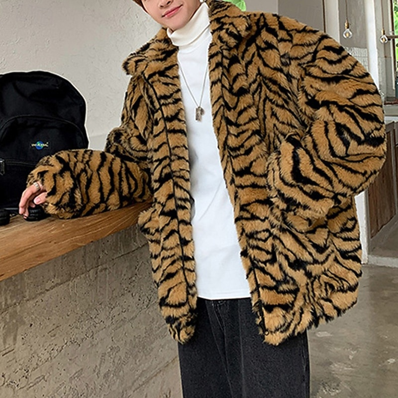 Voor heren Winterjack Jas van imitatiebont Vakantie Dagelijks Thermisch Warm Fleece Herfst Winter Luipaard Modieus Streetwear Opstaand Normaal Wit Geel Jacks 2026 - $80.99 –P2