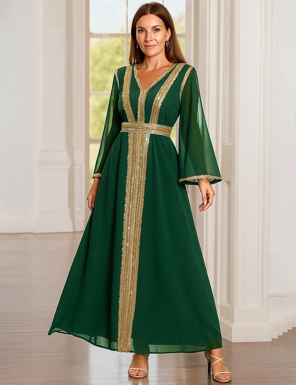 Ligne A Robe de Mère de Mariée  Élégant ancien Luxueux Col en V Longueur au sol Spandex Polyester manche longue avec Perlage Paillettes Broderie de 2025 ? $89.99 –P3