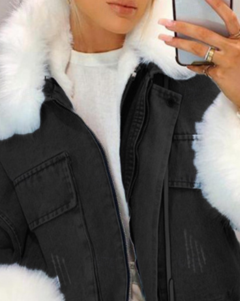 نسائي معطف شتوي جواكيت جينز الدفء مريح سحاب جيب Buttons طوق الفراء نشيط كاجوال سهل مناسب للبس اليومي مناسب للخارج عطلة نهاية الاسبوع قصيرة طوي فضفاض صالح كم طويل ملابس خارجية أسود أزرق الخريف الشتاء 2025 - $78.99 –P2