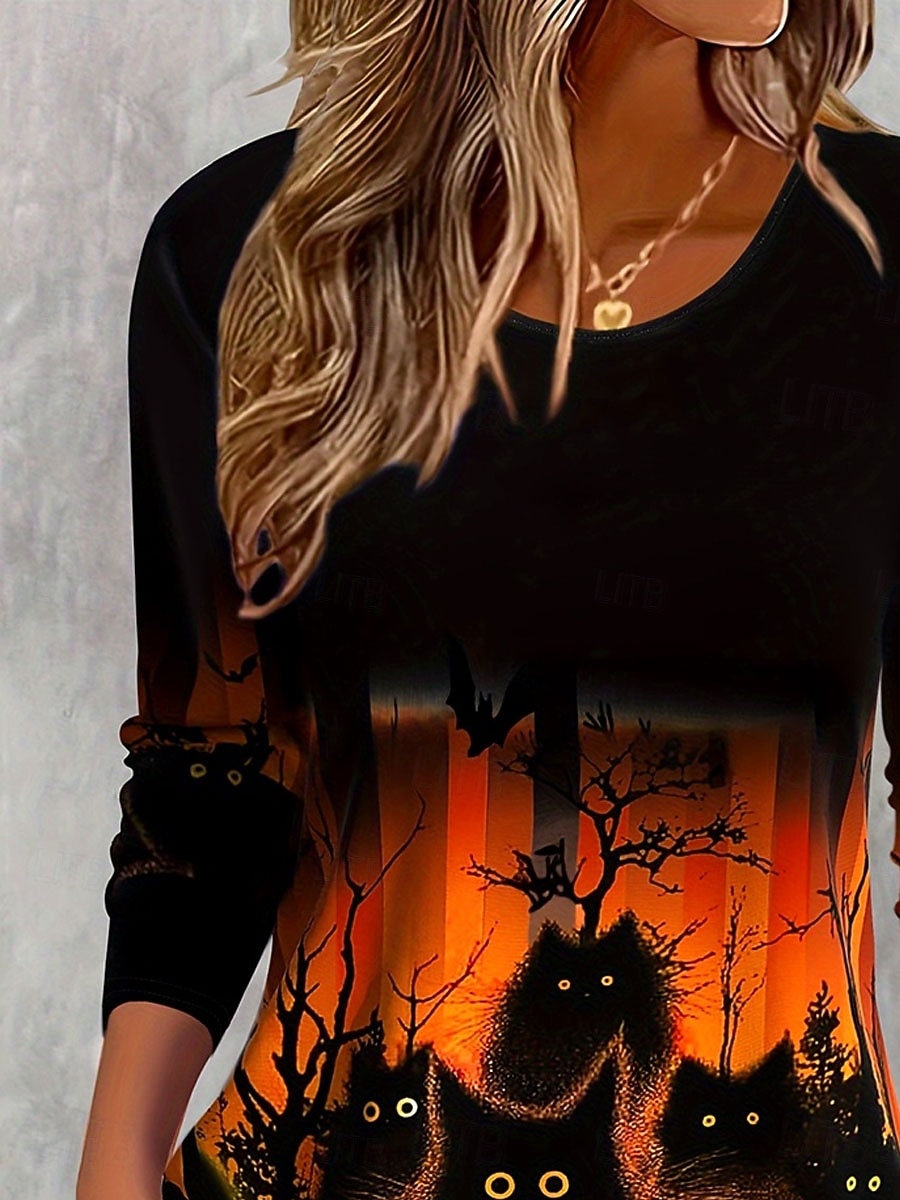 Women's T shirt Pumpkin Graphic Cat Vintage Stylish Classic Long Sleeve Crew Neck Regular Tops Daily Print Orange Spring Fall Winter 2025 - $22.99 –P7