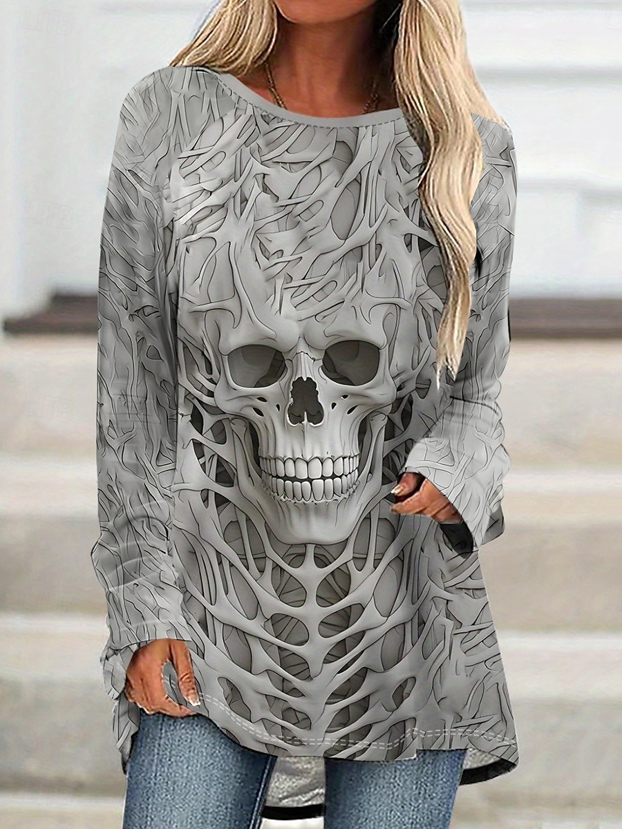 Camiseta de Halloween para mujer calaveras gráfica vintage estilosa casual de manga larga cuello redondo tops largos impresión diaria negro gris primavera otoño 2026 - $26.99 –P1