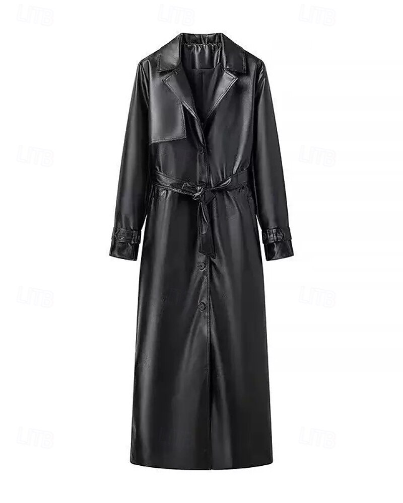 Dam Imitationsläderjacka Trenchcoat Håller värmen Bekväm Ficka Knappar Mode Slät Formell Utomhus Semester Ledigt Lång Nedvikt Normal Långärmad Ytterkläder Svart Mörkröd Höst Vinter 2025 - $67.99 –P14