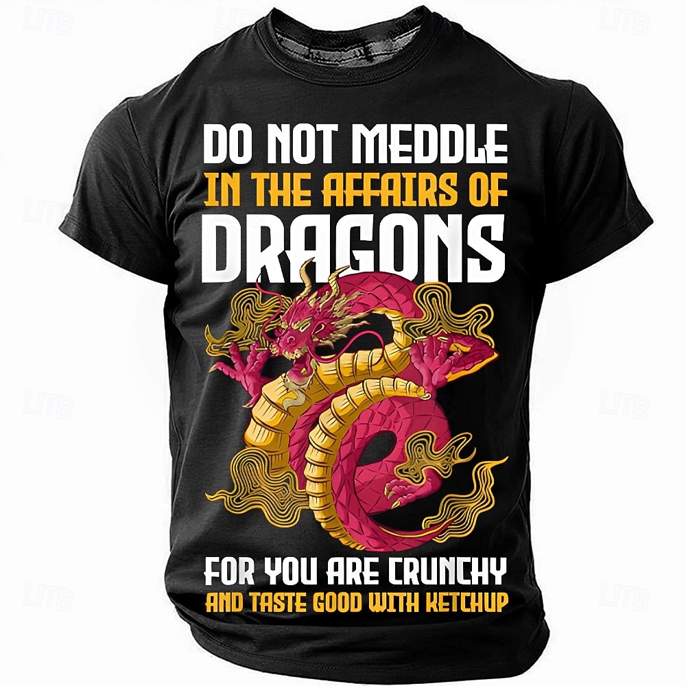 Мужская графическая футболка с изображением дракона смешная «Не лезь в дела драконов» - интересная цитата с кетчупом короткий рукав 2026 - $21.99 –P1