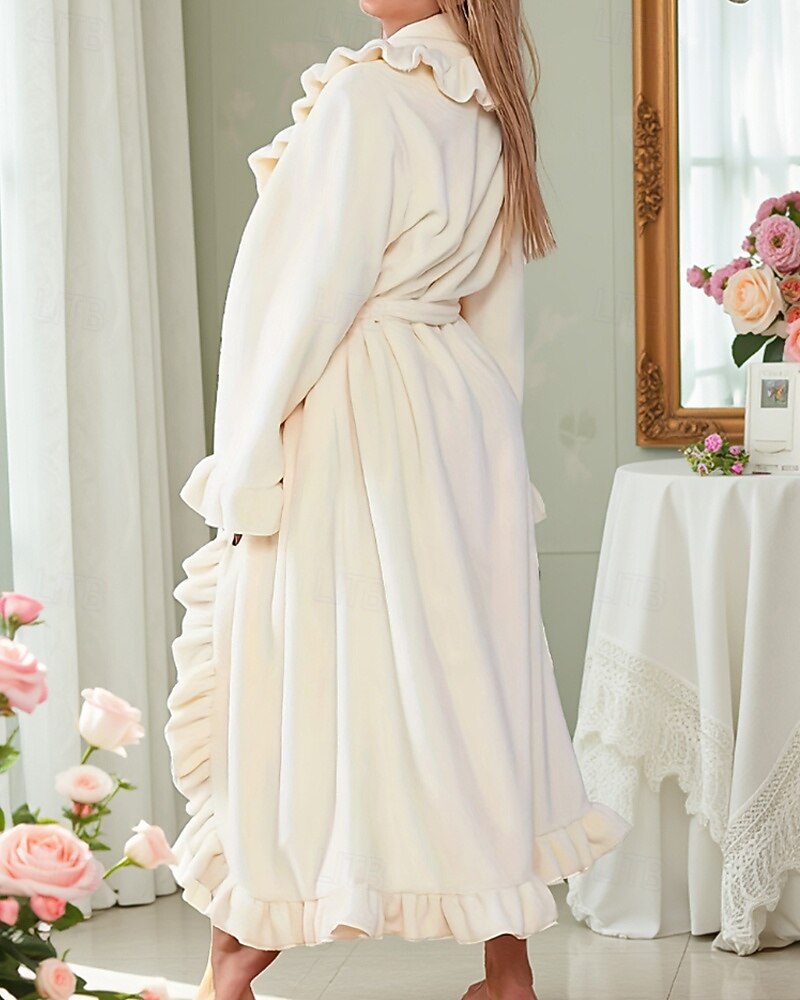 Women's Pajamas Robe Flannel Warm Fashion Pure Color Ruffle Pocket Home Daily Bed Long Sleeve Crew Neck Black White Pink Red Purple Fall Winter Regular Fit 2026 - E£3015.43 –P14