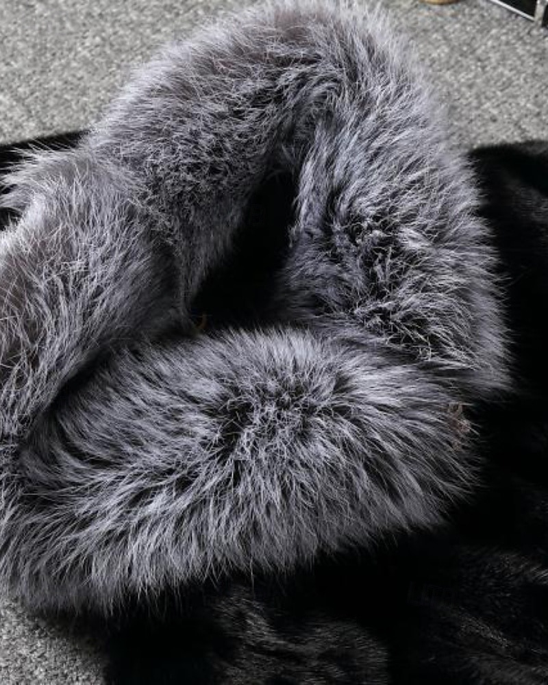 Dame Fuskepels Hold Varm Bekvem Lapper Lomme Knapper Pelskrage Mote Fargeblokk utendørs Feriereise Ferie Ut på byen Lang Med hette Normal Langermet Yttertøy Svart Hvit Høst Vinter 2026 - BHD 23.46 –P11