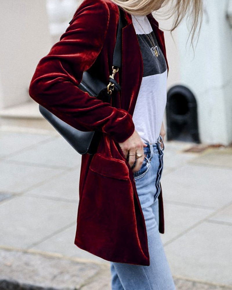 Damen Blazer Samtblazer Bequem Tasche Mode Einfach Party Party / Abend Regulär Umlegekragen Normale Passform Langarm Oberbekleidung Blau Schwarz Wein Herbst Winter 2026 - $33.99 –P4