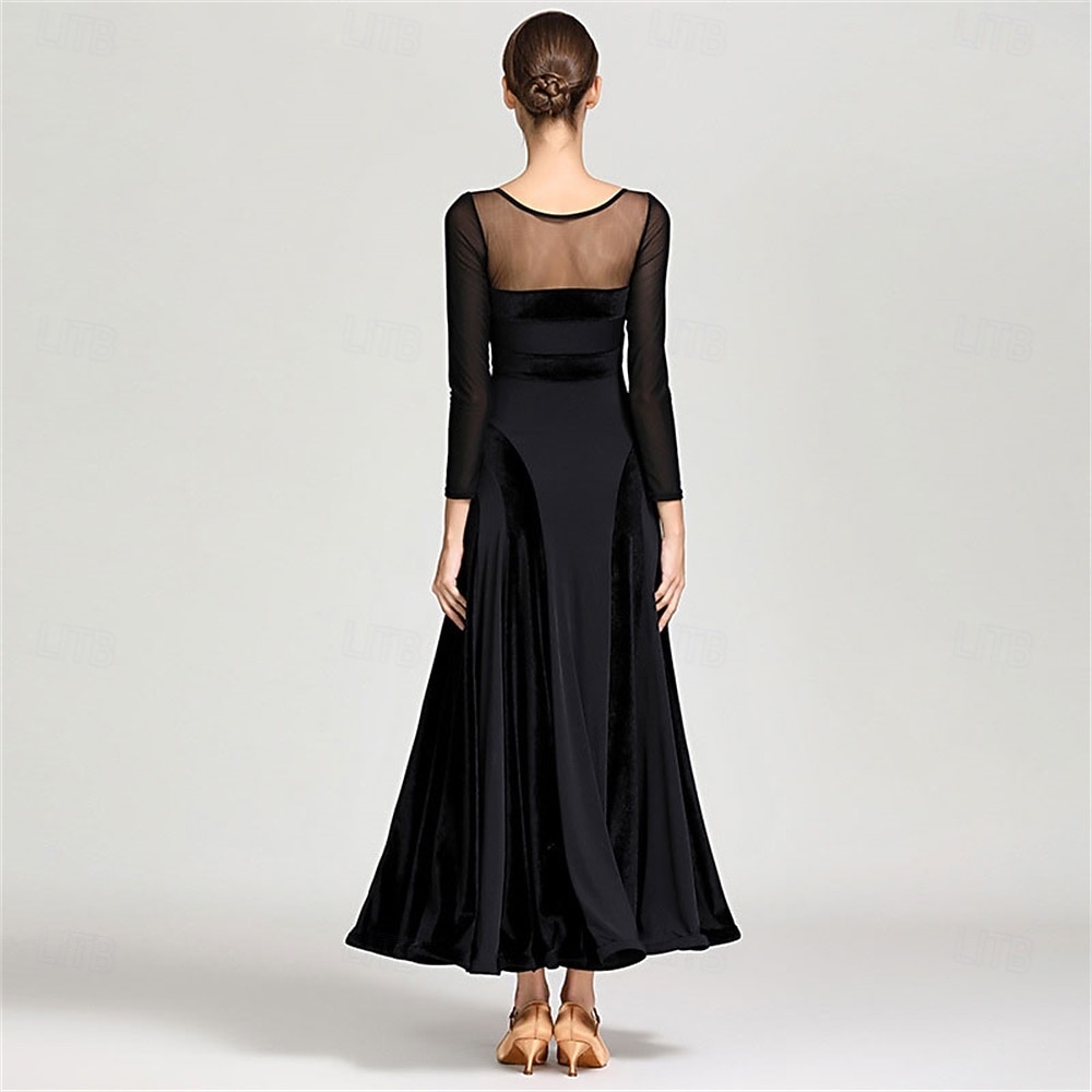 abito da ballo da sala con maniche trasparenti per donna - abito a trapezio con maniche lunghe e dettagli in velluto per competizioni, eventi di ballo latino e danza - nero del 2026 a $148.99 –P4