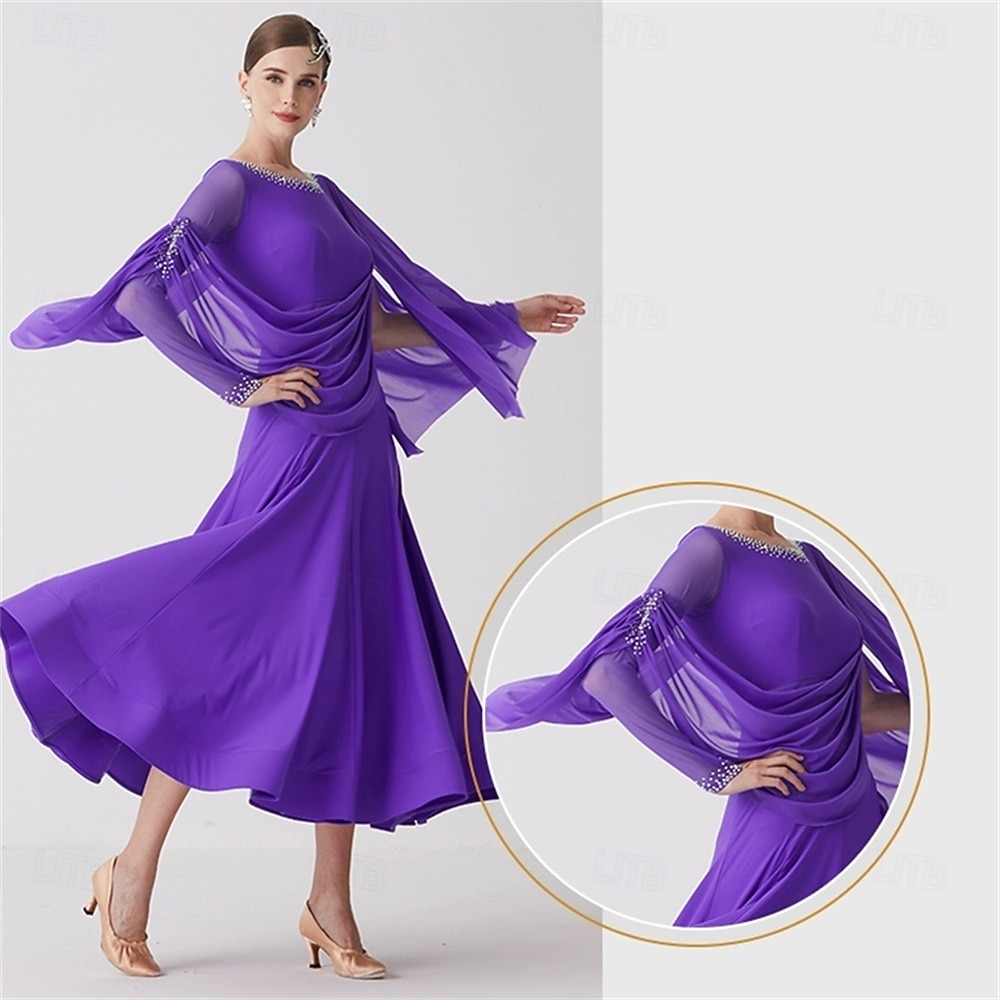 женское платье для бальных танцев, драпированное, с рукавами-шальками, элегантное, для выступлений вальс, танго, фокстрот, конкурсное платье – фиолетовое 2026 - $251.19 –P5
