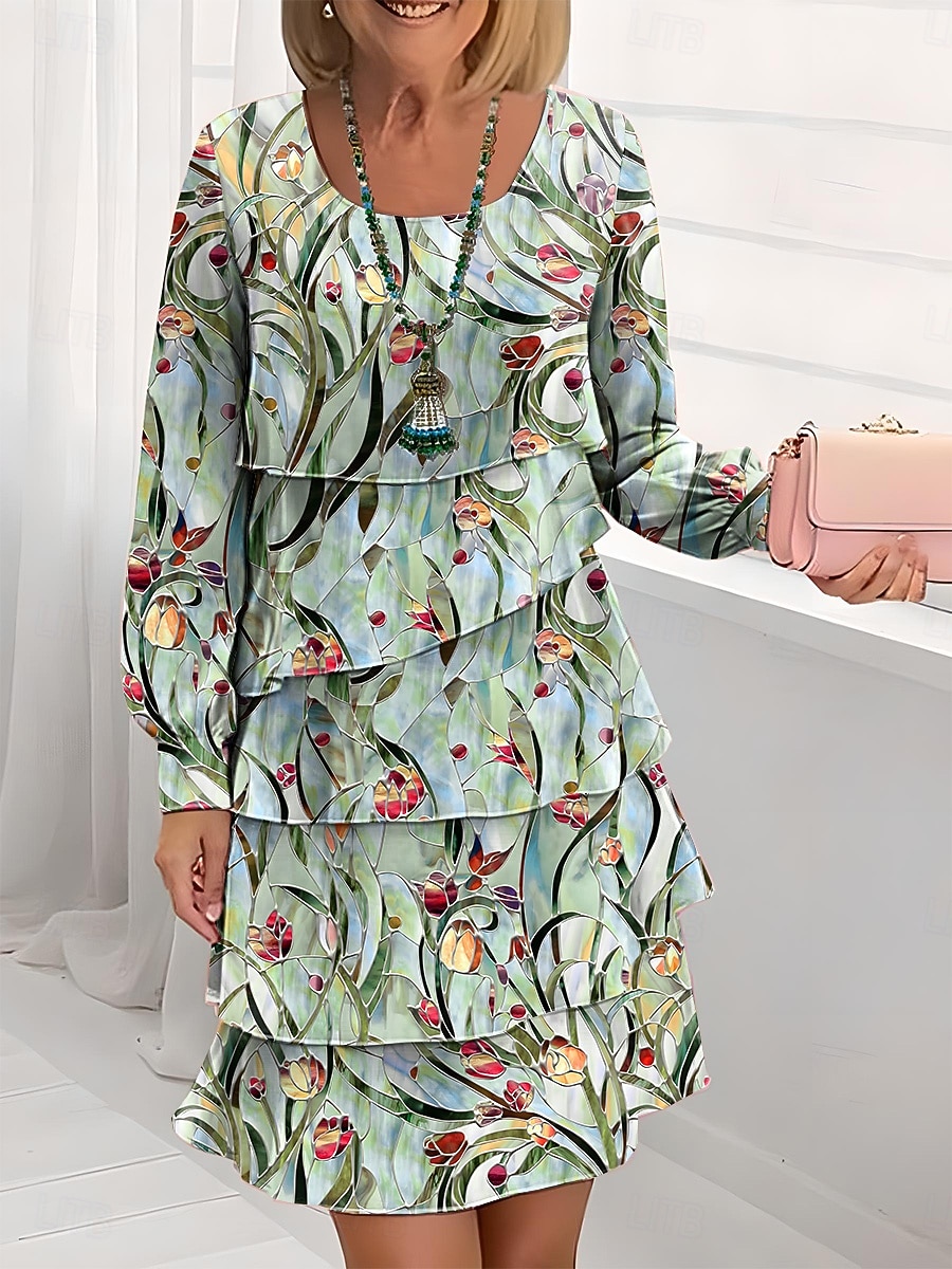 Damen Knielanges Kleid Freizeitkleid Chiffonkleid Shiftkleid Kleid mit vielen Schichten Elegant Urlaub Party Normale Passform Blumen Langarm Rundhalsausschnitt Schwarz Weiß Blau Grün Sommer Frühling 2025 - $37.99 –P2