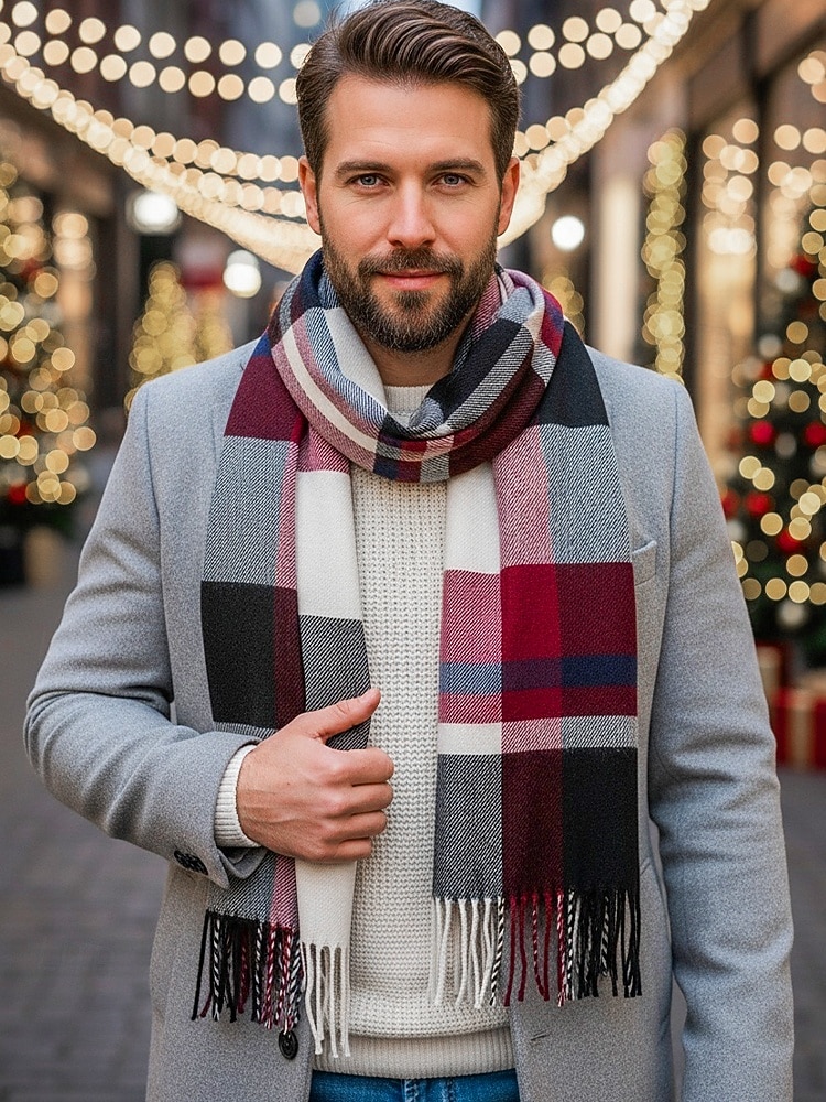 Pánská vánoční kostkovaná šála – stylová polyesterová šála s třásněmi – dostupná v několika barvách – teplý sváteční doplněk pro muže 2026 - $11.99 –P1