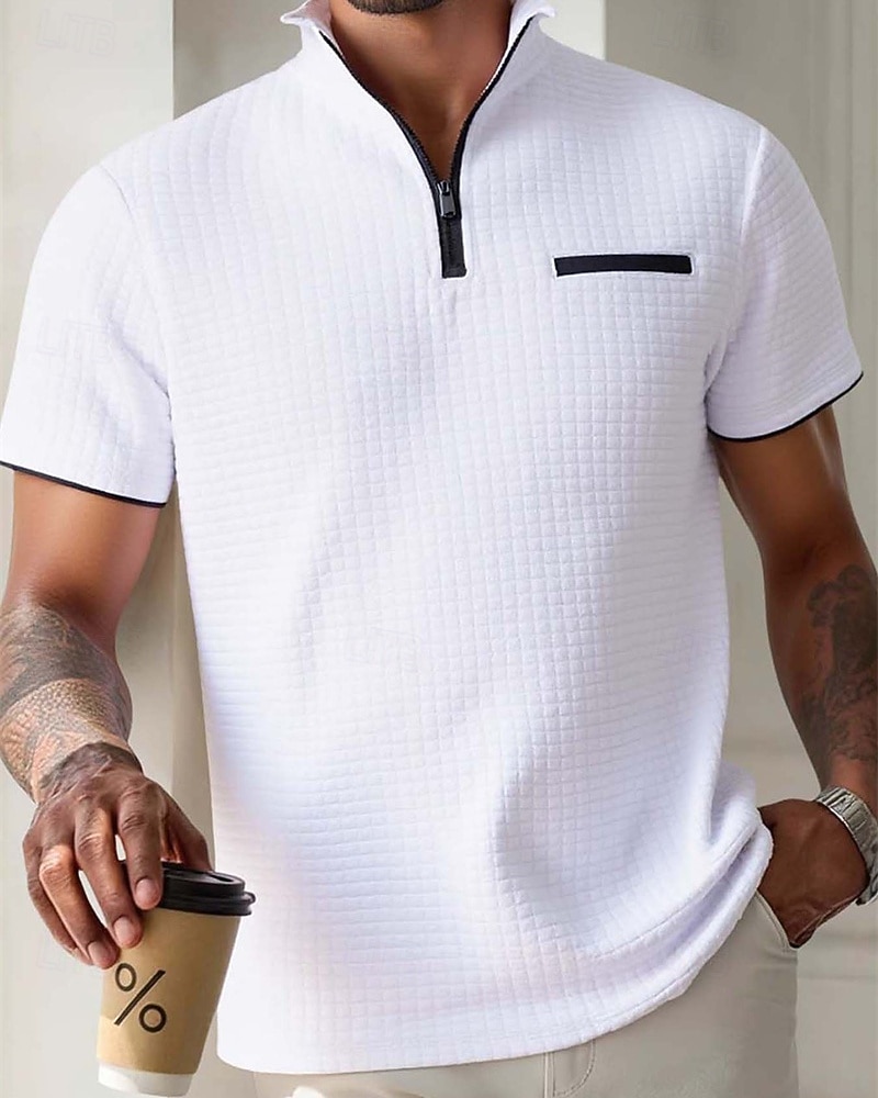 Per uomo Polo Polo con zip a un quarto Abbigliamento quotidiano Data Zip a un quarto Manica Corta Moda Essenziale Semplice Jacquard Cerniera Estate Vestibilità regolare Nero Bianco Blu marino del 2026 a $21.99 –P8